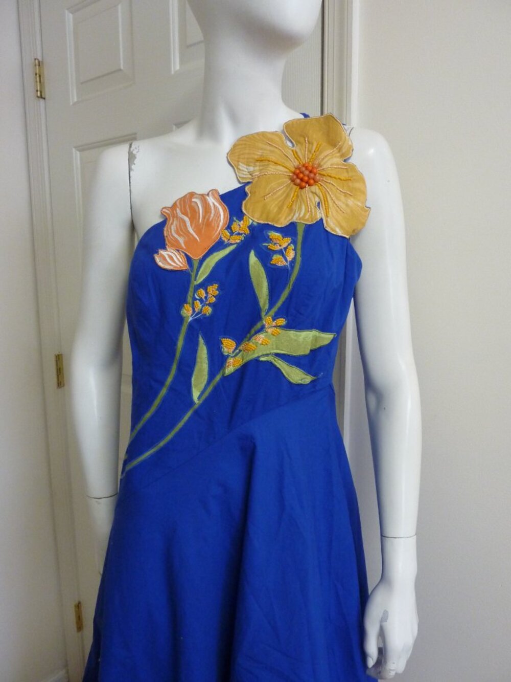 Anthropologie Blue Asymmetric Midi Dress with Yellow Floral Applique - Picture 5 of 8